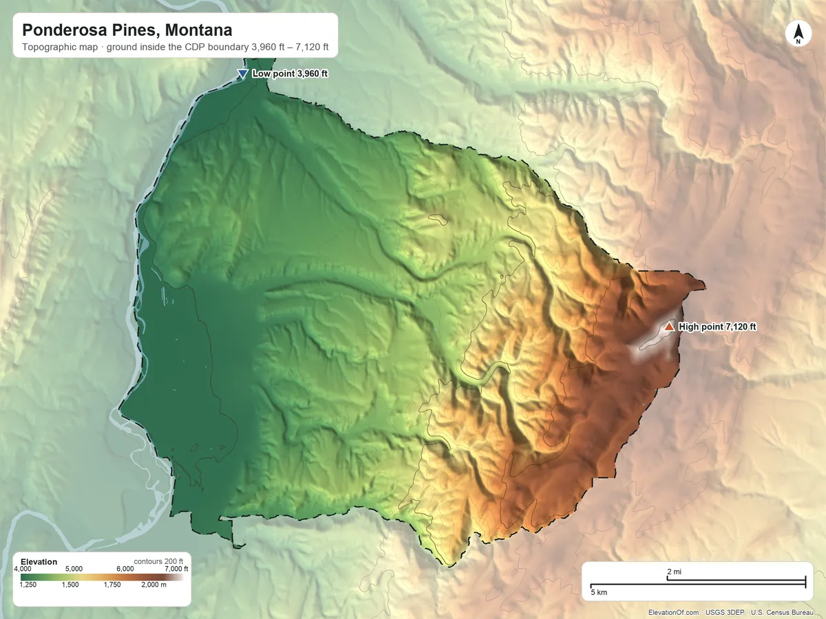 Topographic elevation map of Ponderosa Pines, Montana, shaded from 3,960 ft on the north side to 7,120 ft on the east side