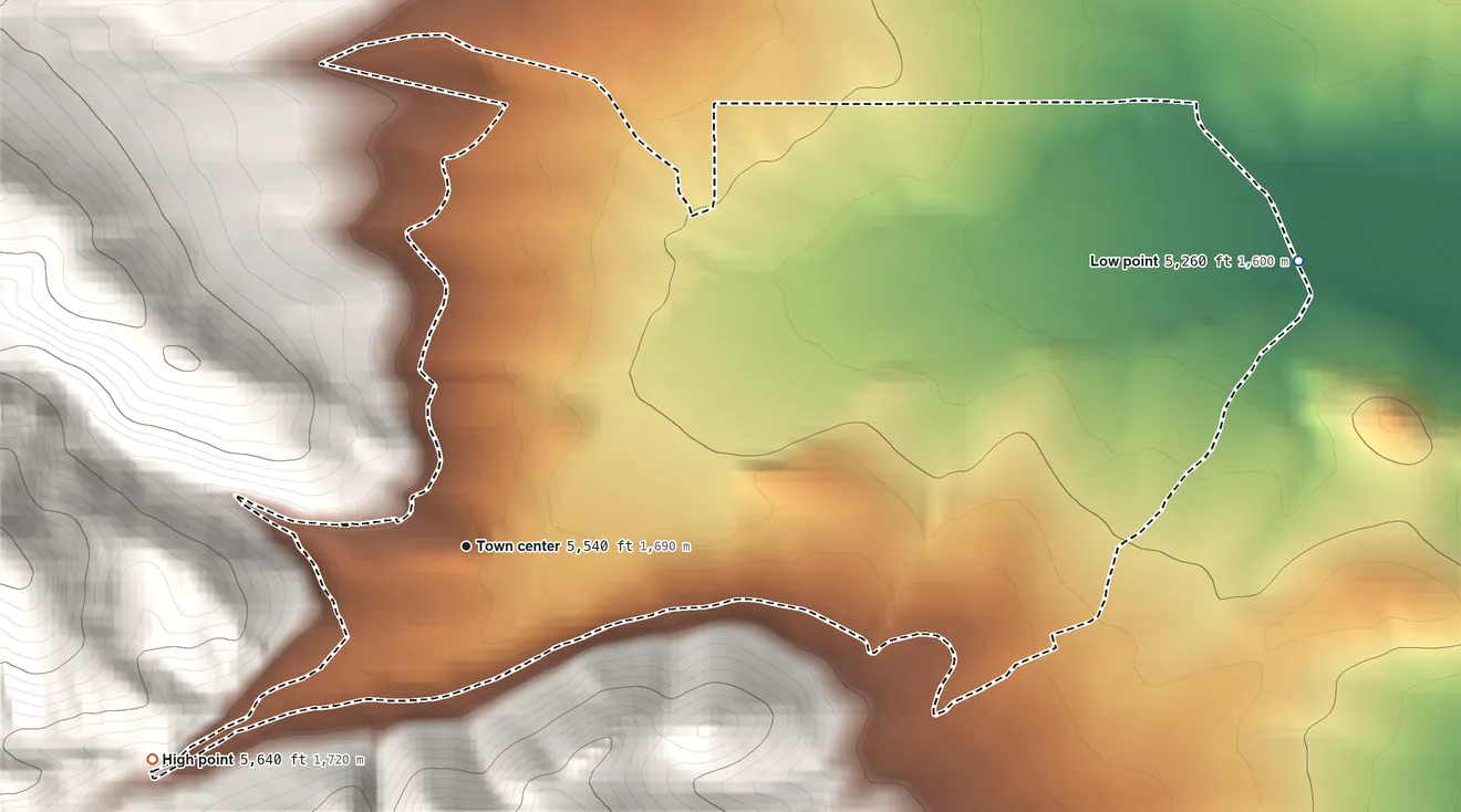 Topographic elevation map of Pony, Montana, shaded from 5,260 ft on the east side to 5,640 ft at the foot of the Tobacco Root Mountains