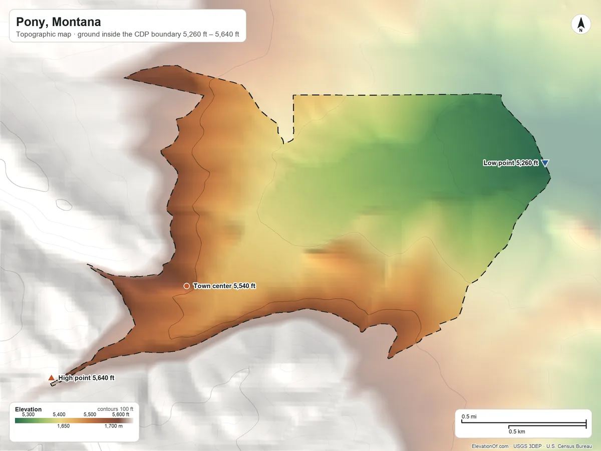 Topographic elevation map of Pony, Montana, shaded from 5,260 ft on the east side to 5,640 ft at the foot of the Tobacco Root Mountains