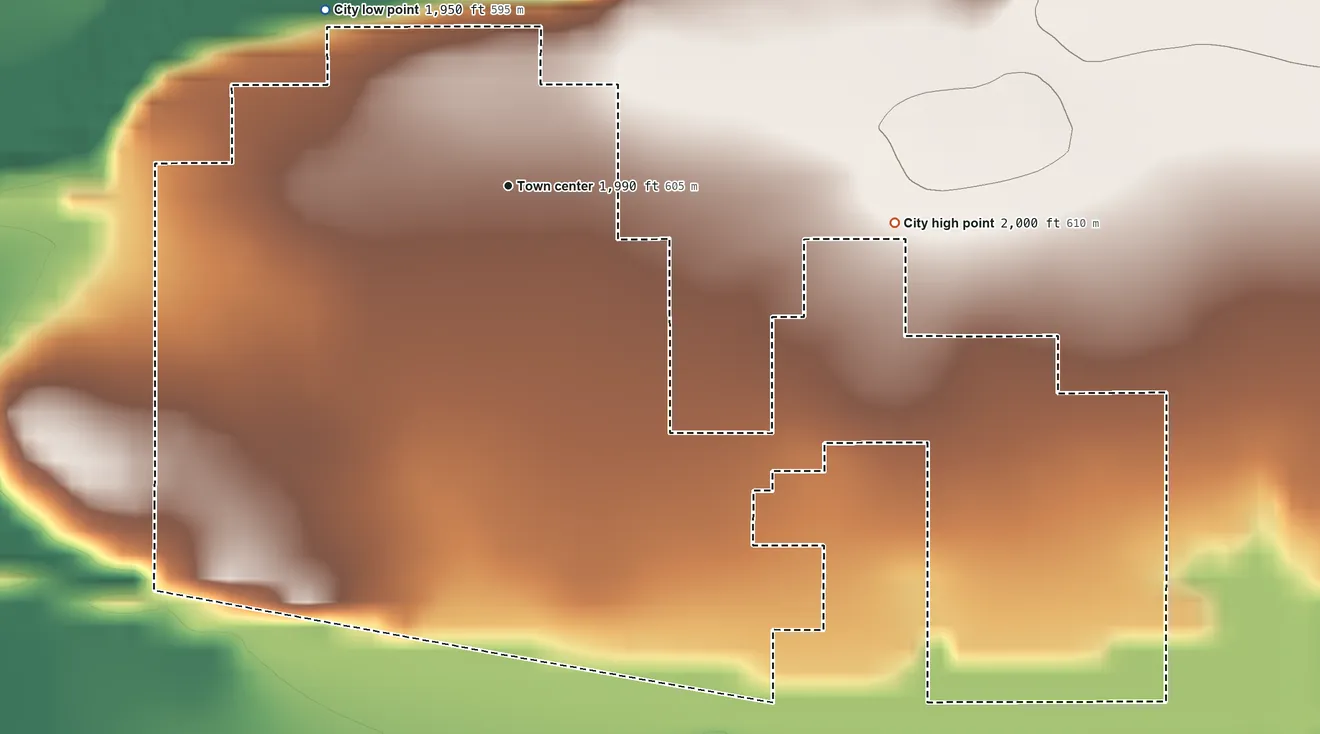 Topographic elevation map of Poplar, Montana, shaded from 1,950 ft on the northwest side to 2,000 ft on the east side