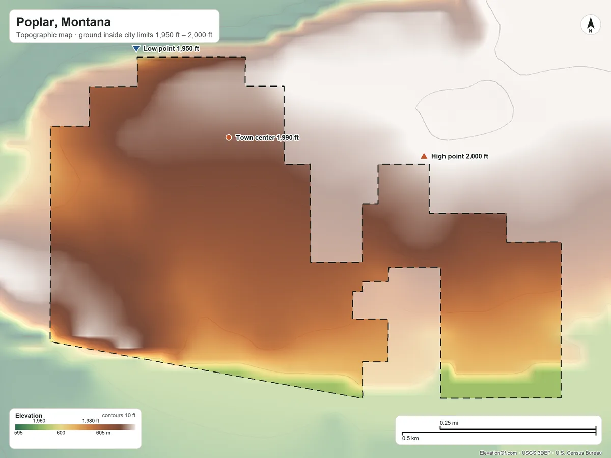 Topographic elevation map of Poplar, Montana, shaded from 1,950 ft on the northwest side to 2,000 ft on the east side
