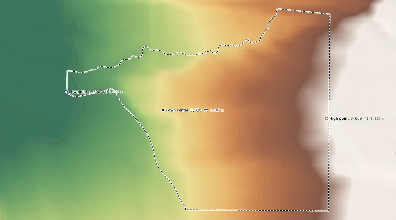 Topographic elevation map of Potomac, Montana, shaded from 3,600 ft on the west side to 3,660 ft on the east edge, below higher ground just outside