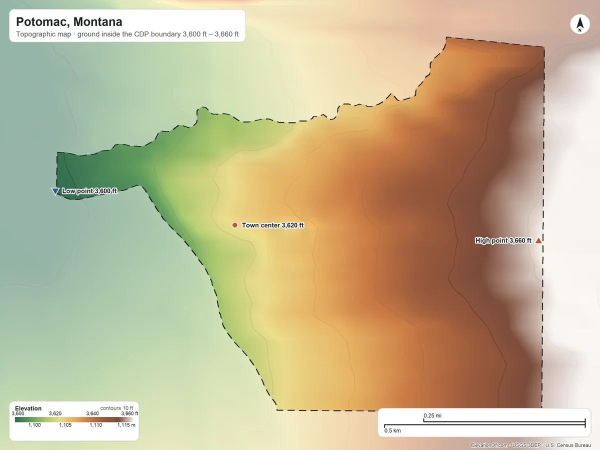 Topographic elevation map of Potomac, Montana, shaded from 3,600 ft on the west side to 3,660 ft on the east edge, below higher ground just outside