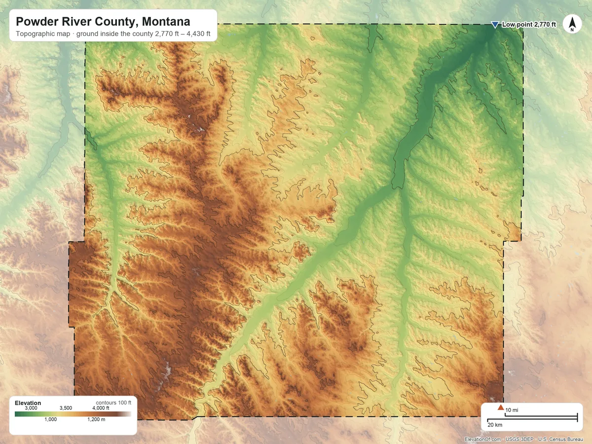 Topographic elevation map of Powder River County, Montana, shaded from 2,770 ft on the northeast side to 4,430 ft on the southeast side