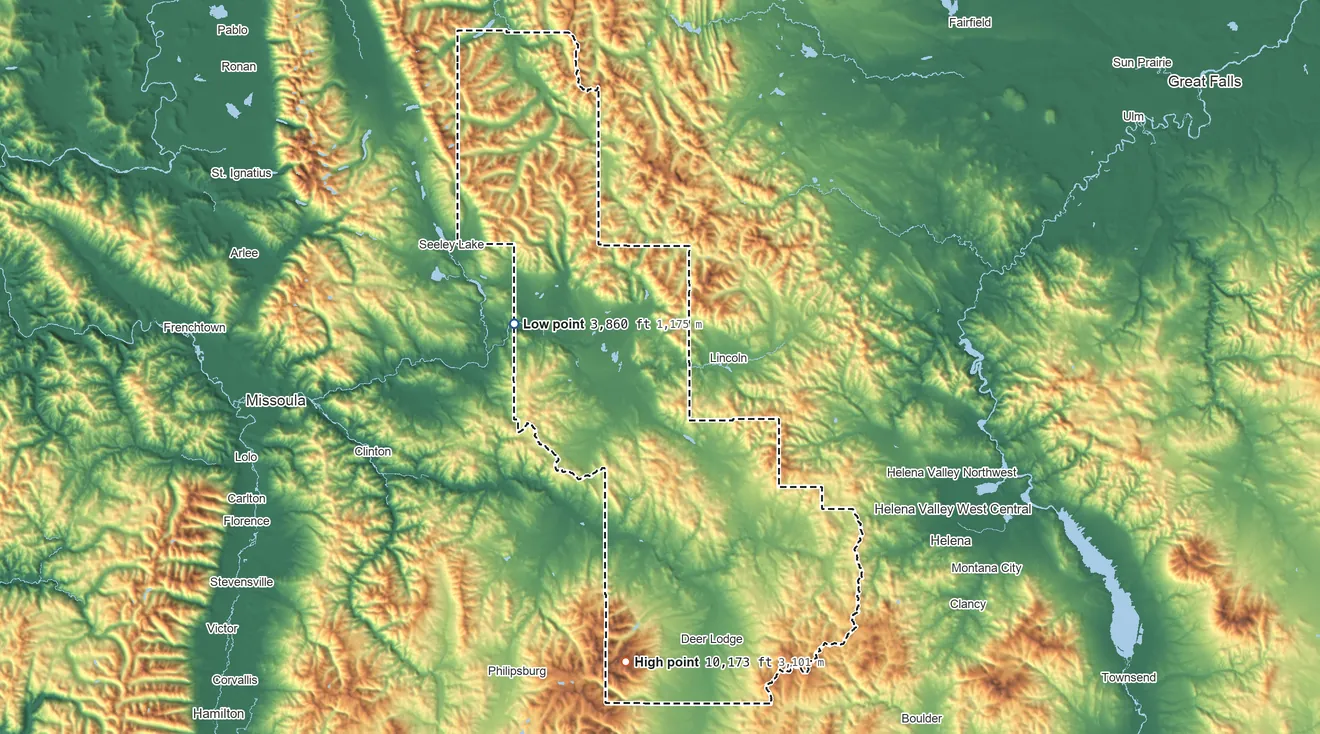 Topographic elevation map of Powell County, Montana, shaded from 3,860 ft on the west side to 10,173 ft on Mount Powell