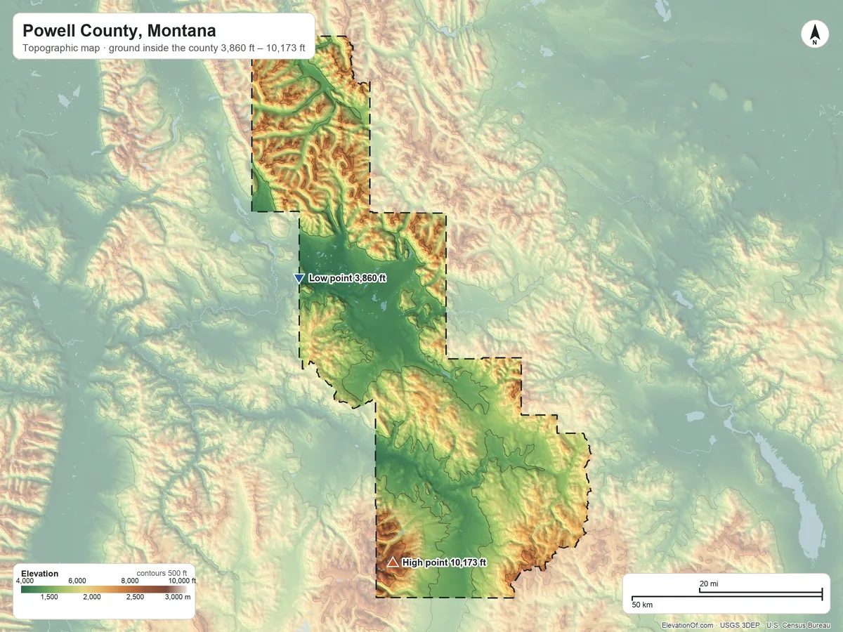 Topographic elevation map of Powell County, Montana, shaded from 3,860 ft on the west side to 10,173 ft on Mount Powell
