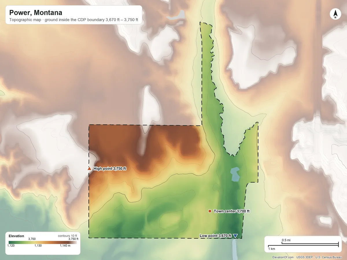 Topographic elevation map of Power, Montana, shaded from 3,670 ft on the southeast side to 3,750 ft on the west side