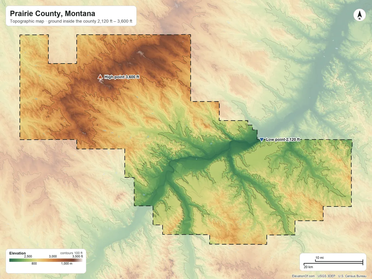 Topographic elevation map of Prairie County, Montana, shaded from 2,120 ft on the east side to 3,600 ft on Big Sheep Mountain