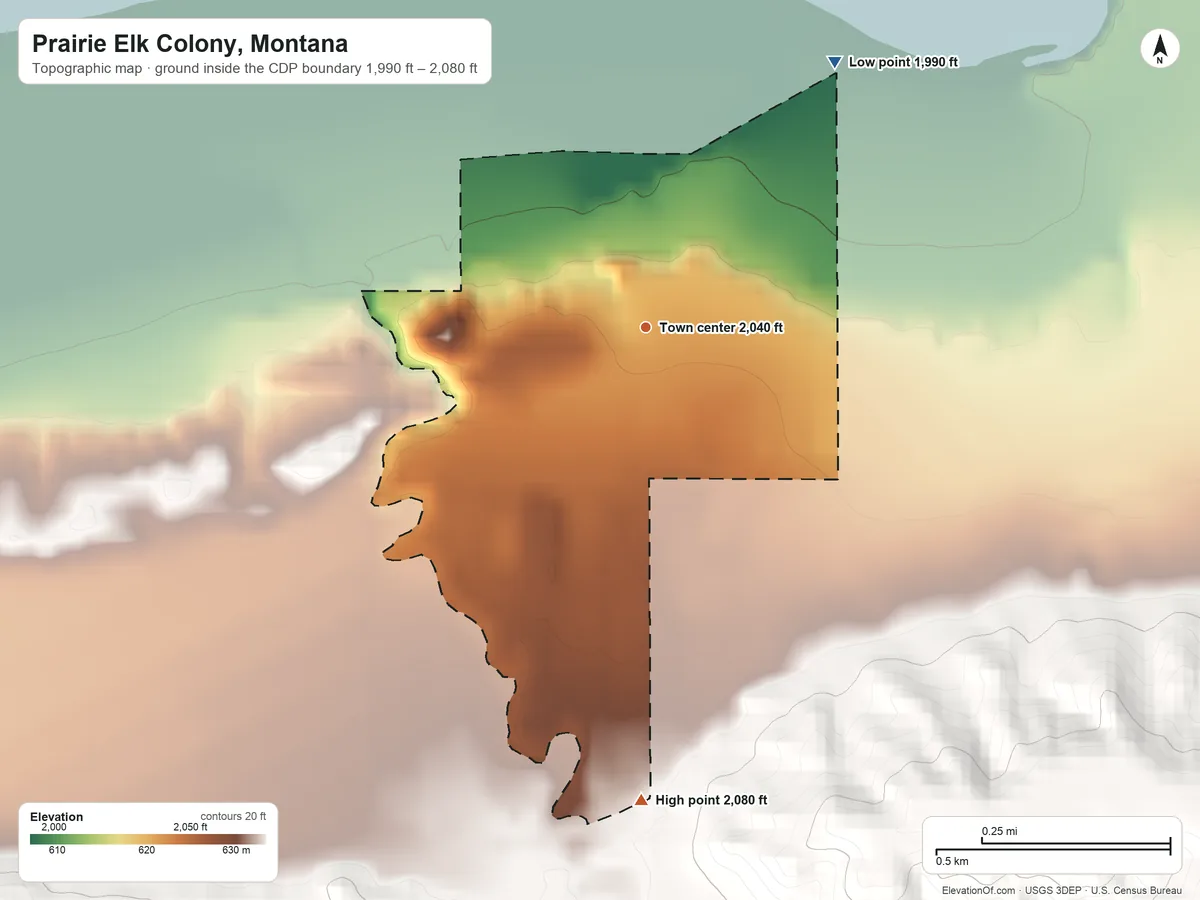 Topographic elevation map of Prairie Elk Colony, Montana, shaded from 1,990 ft on the northeast side to 2,080 ft on the south side