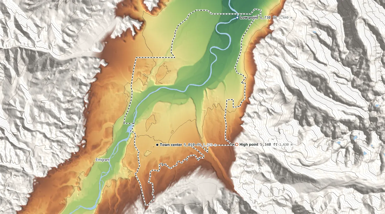 Topographic elevation map of Pray, Montana, shaded from 4,730 ft on the northeast side to 5,340 ft on the east edge, below higher ground just outside