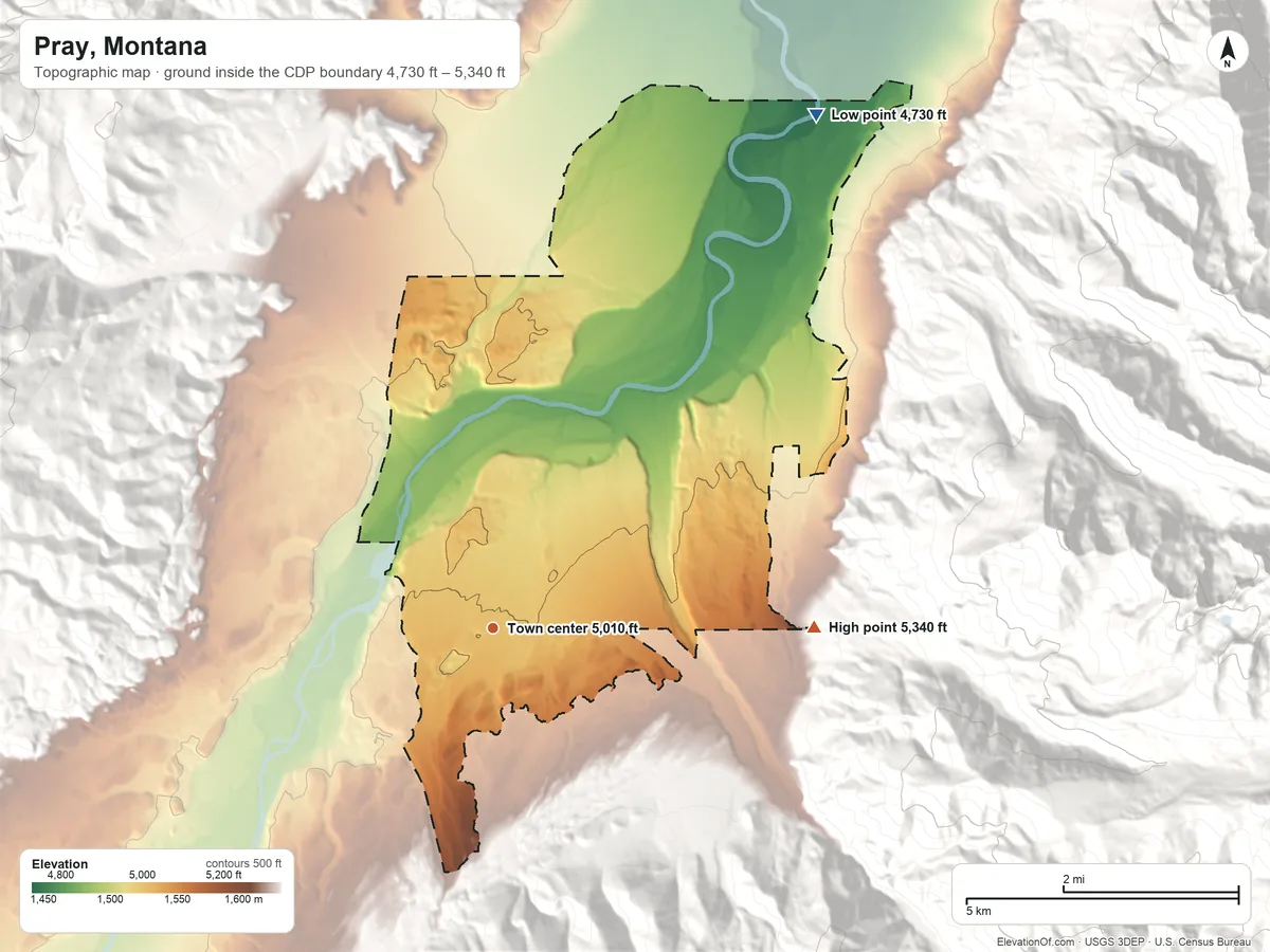 Topographic elevation map of Pray, Montana, shaded from 4,730 ft on the northeast side to 5,340 ft on the east edge, below higher ground just outside