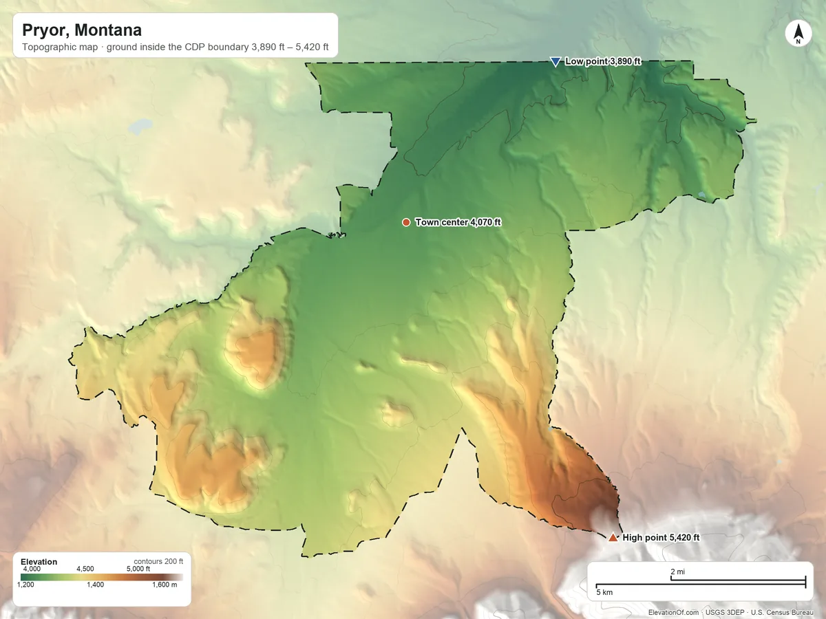 Topographic elevation map of Pryor, Montana, shaded from 3,890 ft on the northeast side to 5,420 ft at the foot of the Pryor Mountains