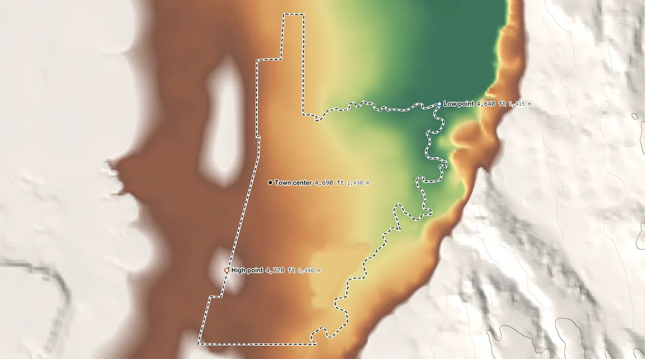 Topographic elevation map of Racetrack, Montana, shaded from 4,640 ft on the northeast side to 4,720 ft at the foot of the Flint Creek Range