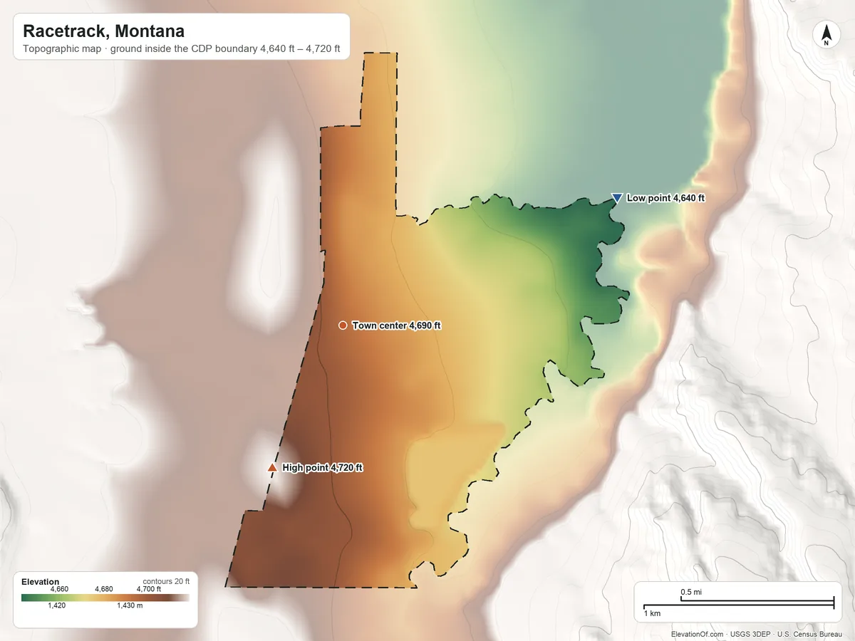 Topographic elevation map of Racetrack, Montana, shaded from 4,640 ft on the northeast side to 4,720 ft at the foot of the Flint Creek Range