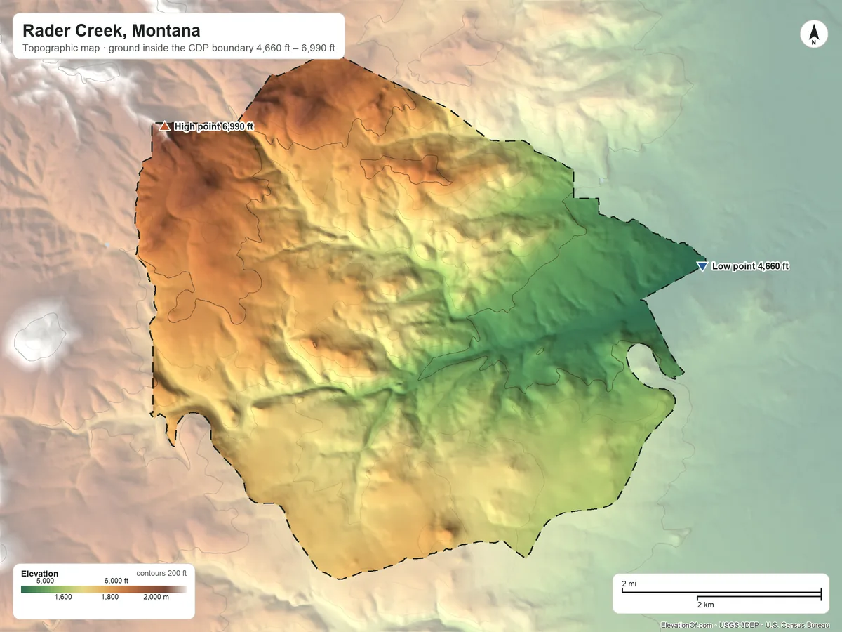 Topographic elevation map of Rader Creek, Montana, shaded from 4,660 ft on the east side to 6,990 ft on the northwest side