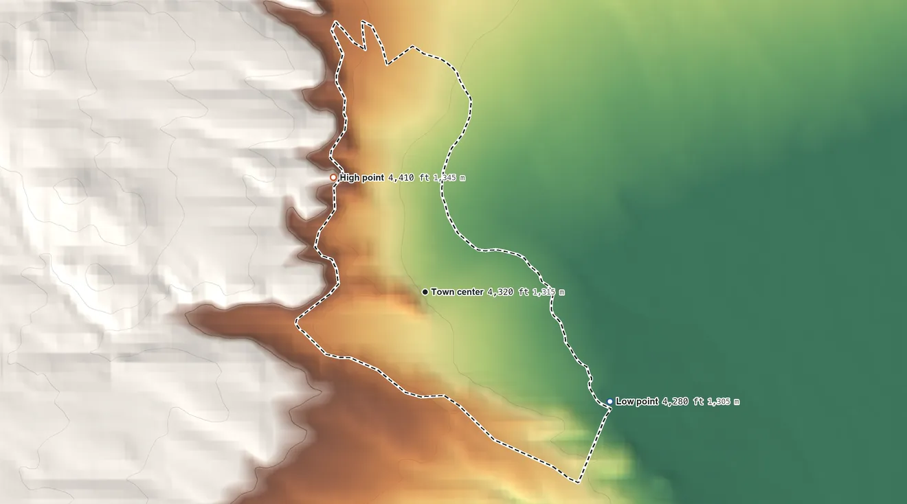 Topographic elevation map of Radersburg, Montana, shaded from 4,280 ft on the southeast side to 4,410 ft at the foot of the Limestone Hills