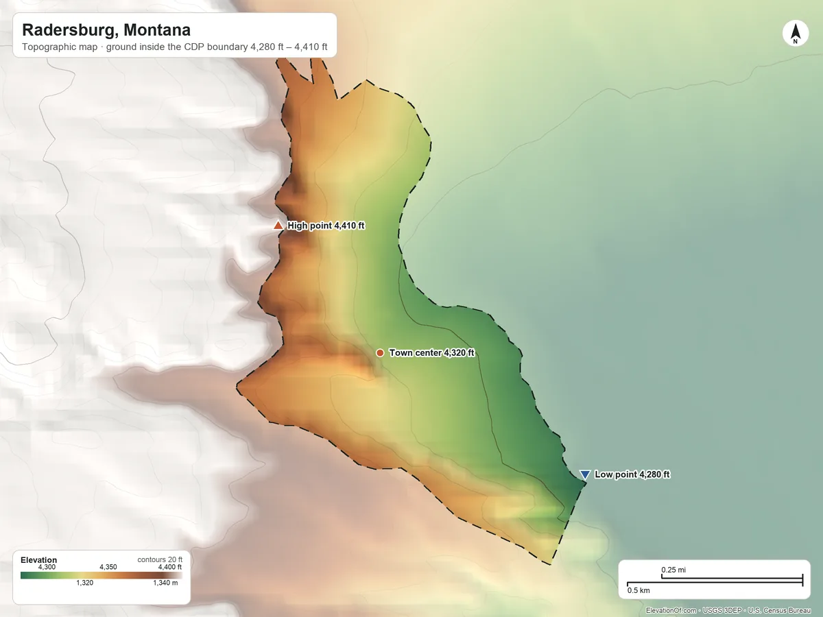 Topographic elevation map of Radersburg, Montana, shaded from 4,280 ft on the southeast side to 4,410 ft at the foot of the Limestone Hills