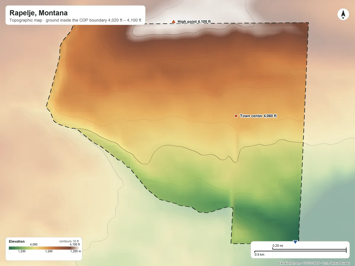 Topographic elevation map of Rapelje, Montana, shaded from 4,020 ft on the southeast side to 4,100 ft on the northwest side