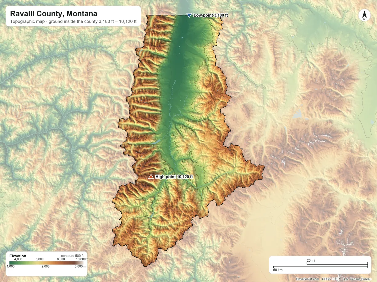 Topographic elevation map of Ravalli County, Montana, shaded from 3,180 ft on the north side to 10,120 ft on Trapper Peak