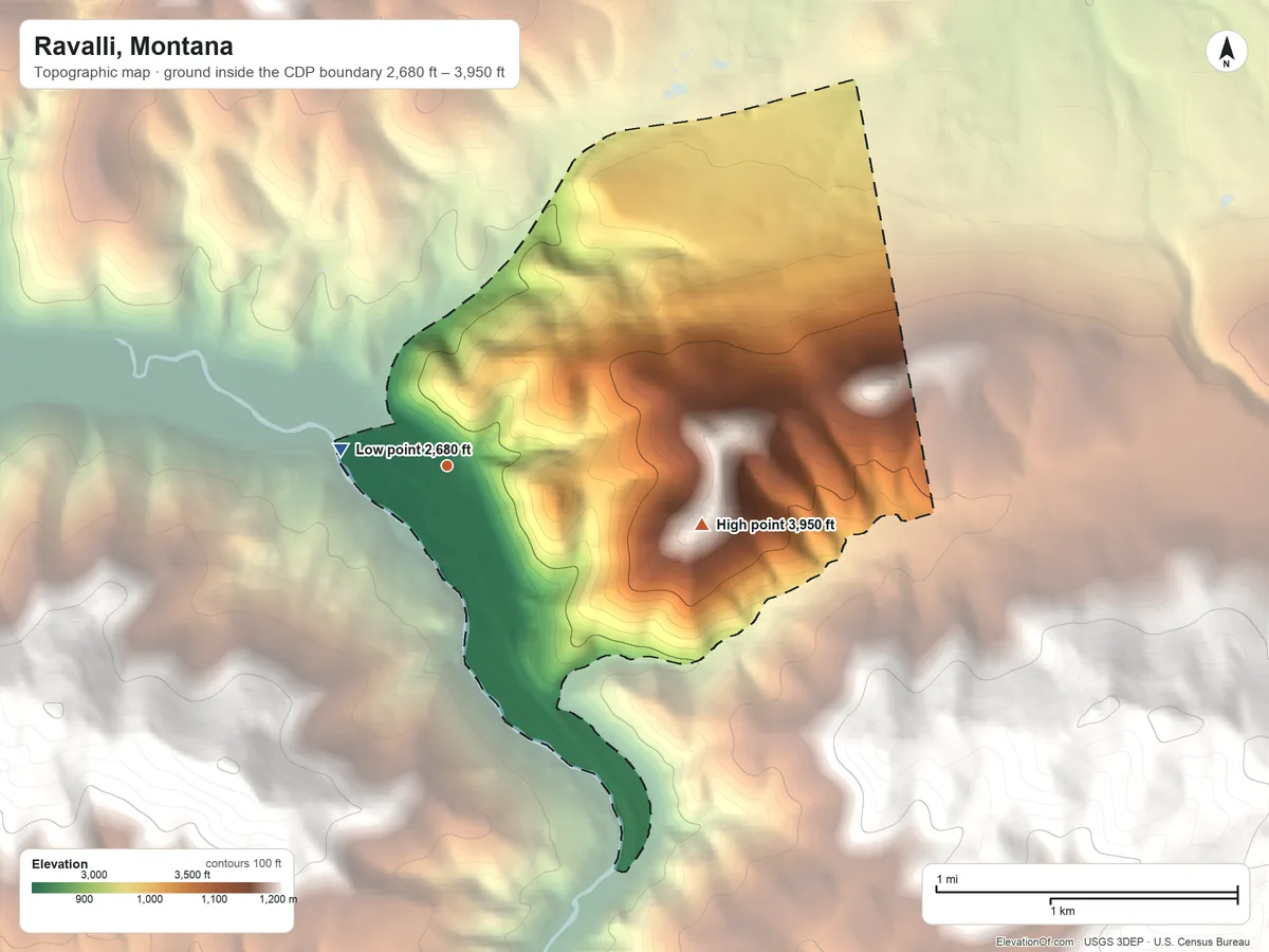 Topographic elevation map of Ravalli, Montana, shaded from 2,680 ft on the west side to 3,950 ft on the east edge, below higher ground just outside
