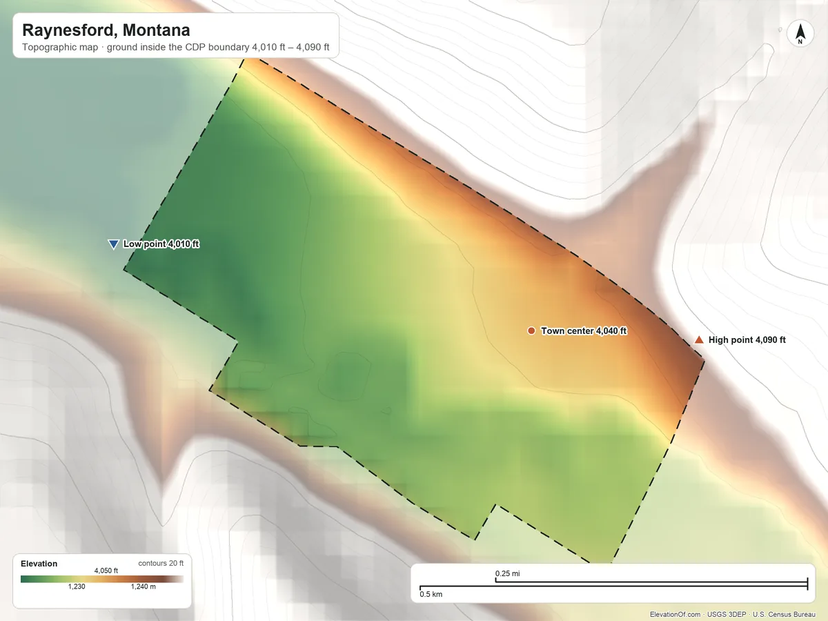 Topographic elevation map of Raynesford, Montana, shaded from 4,010 ft on the west side to 4,090 ft at the foot of the Highwood Mountains