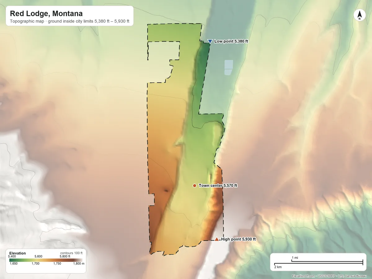 Topographic elevation map of Red Lodge, Montana, shaded from 5,380 ft on the north side to 5,930 ft on the south side
