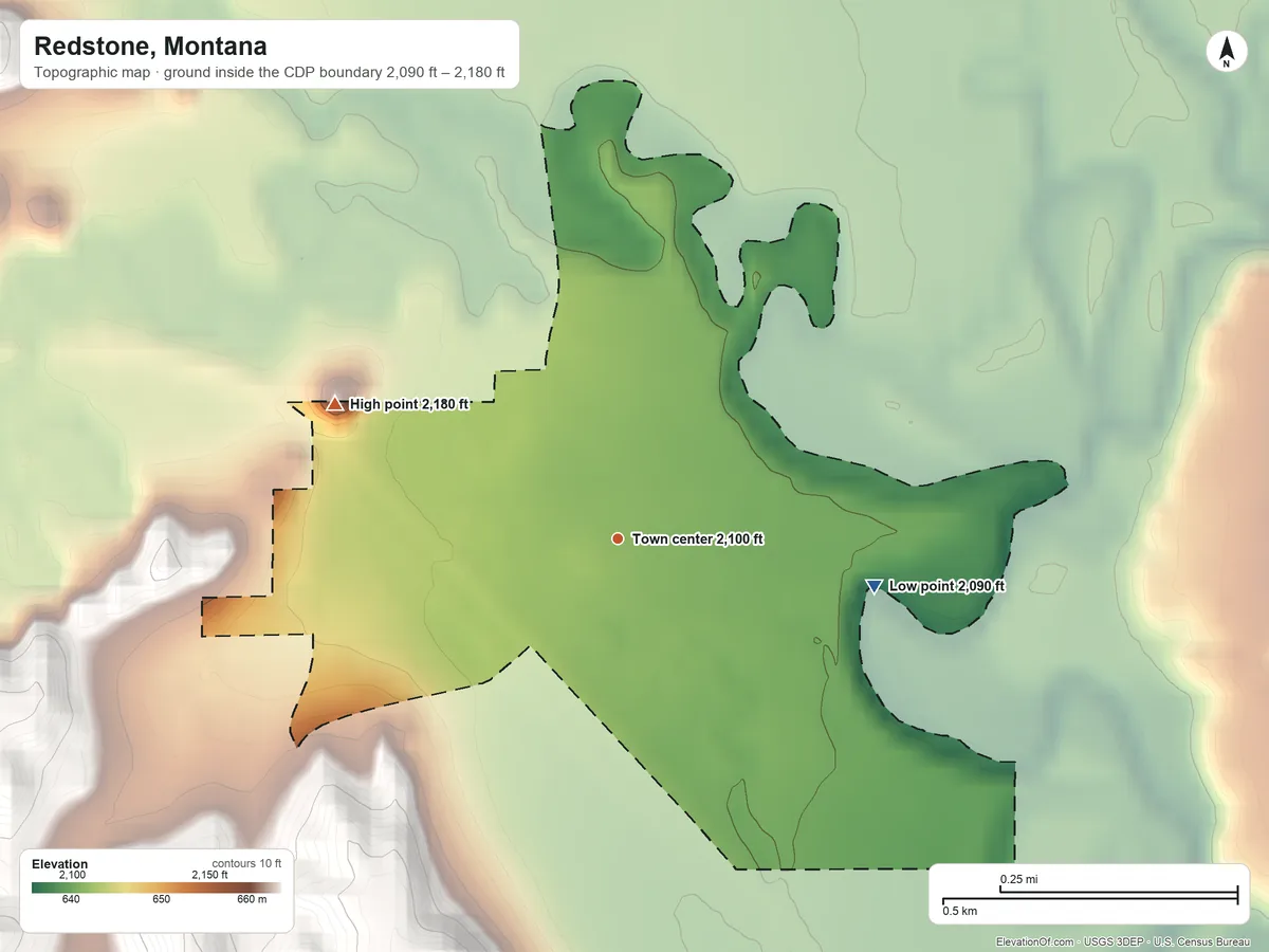 Topographic elevation map of Redstone, Montana, shaded from 2,090 ft on the east side to 2,180 ft on the northwest side