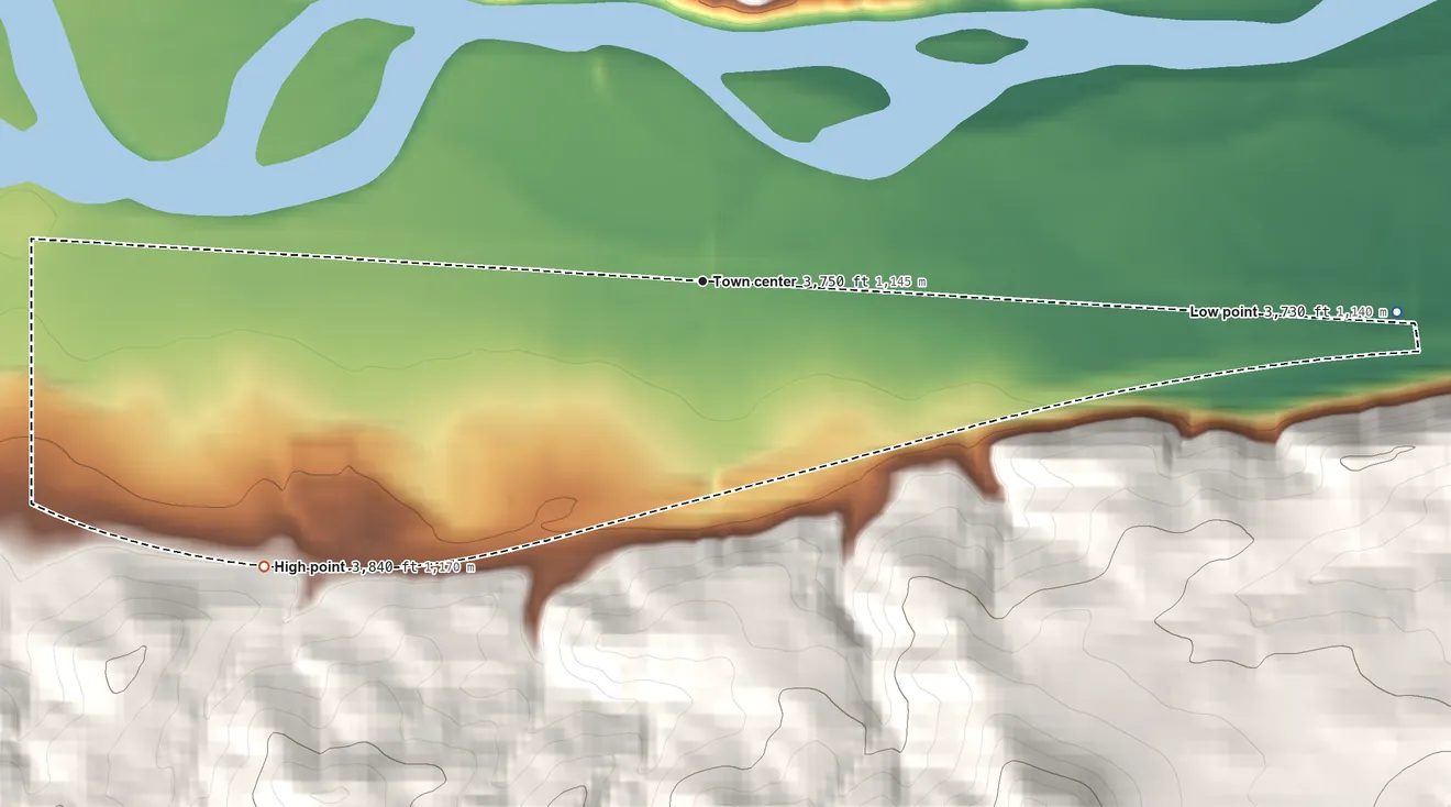 Topographic elevation map of Reed Point, Montana, shaded from 3,730 ft on the east side to 3,840 ft on the southwest edge, below higher ground just outside