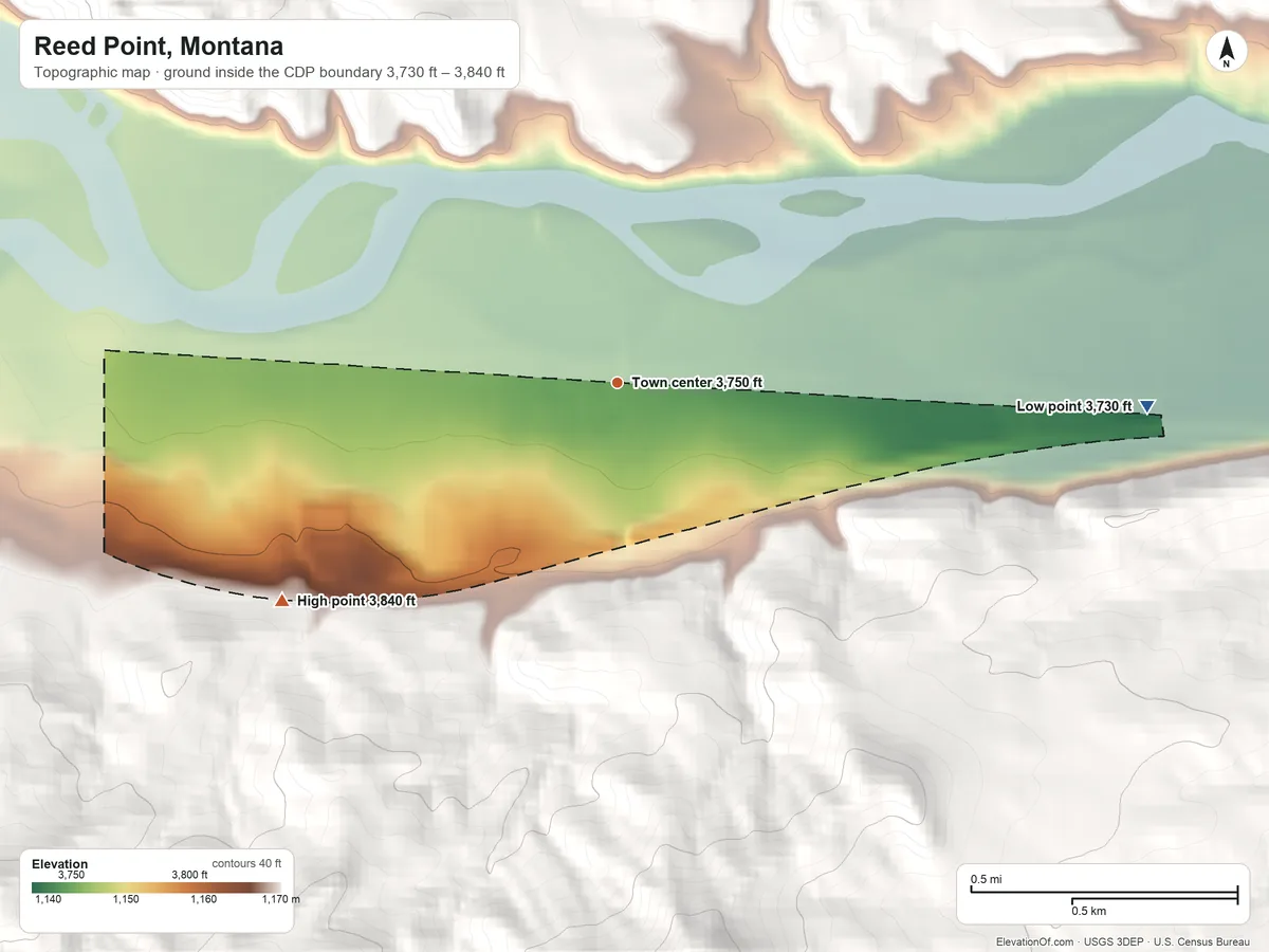 Topographic elevation map of Reed Point, Montana, shaded from 3,730 ft on the east side to 3,840 ft on the southwest edge, below higher ground just outside