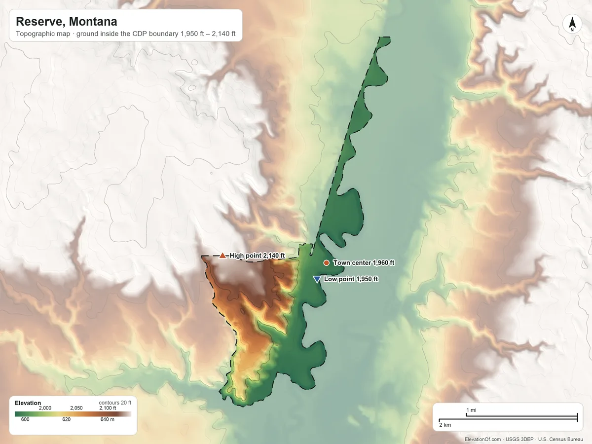Topographic elevation map of Reserve, Montana, shaded from 1,950 ft near the middle to 2,140 ft on the west side