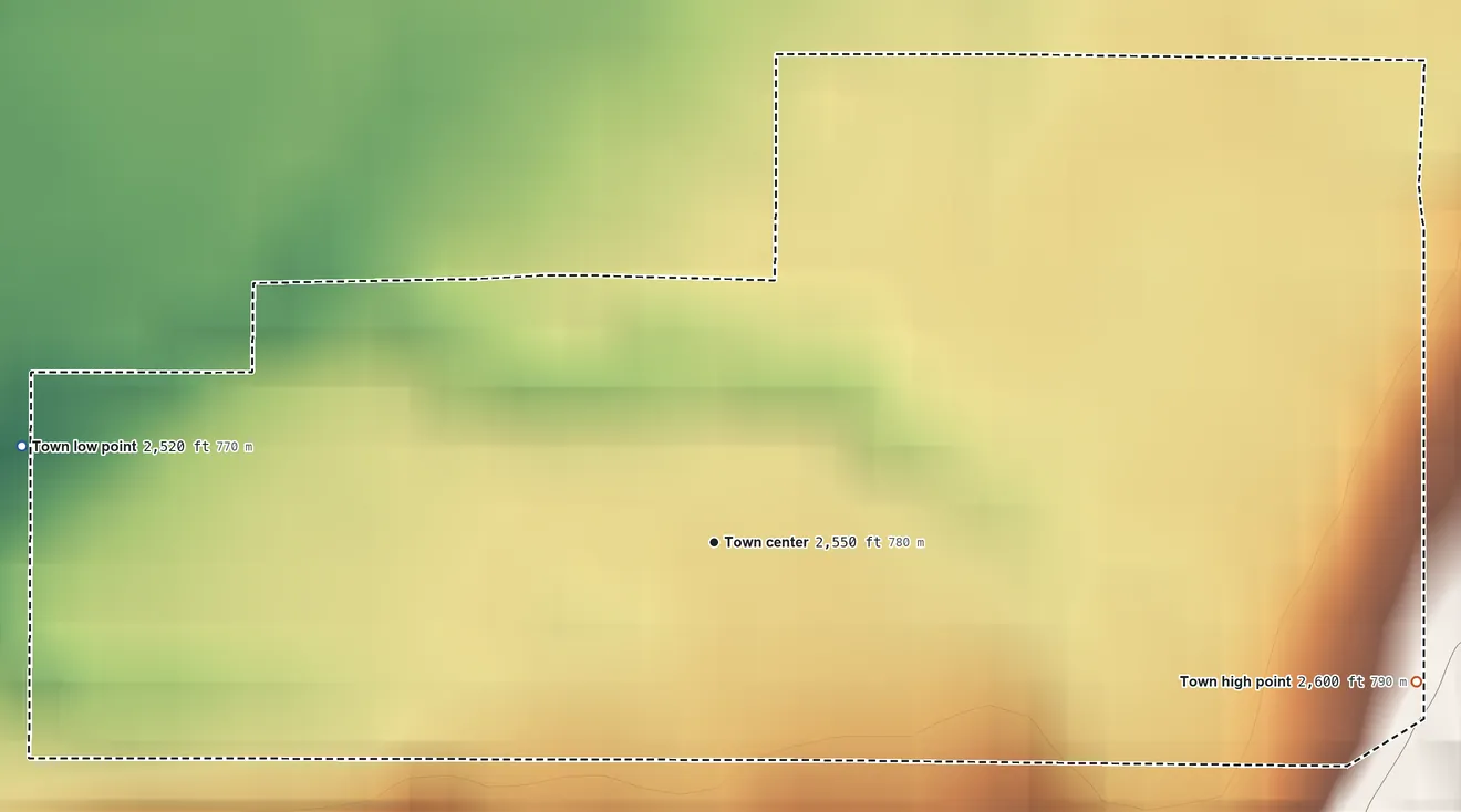 Topographic elevation map of Rexford, Montana, shaded from 2,520 ft on the west side to 2,600 ft at the foot of the Galton Range