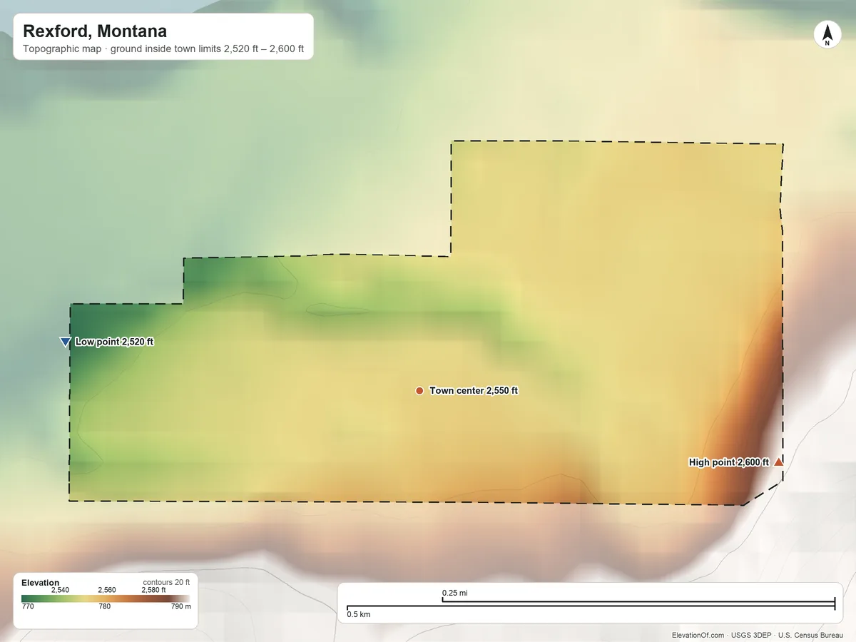 Topographic elevation map of Rexford, Montana, shaded from 2,520 ft on the west side to 2,600 ft at the foot of the Galton Range