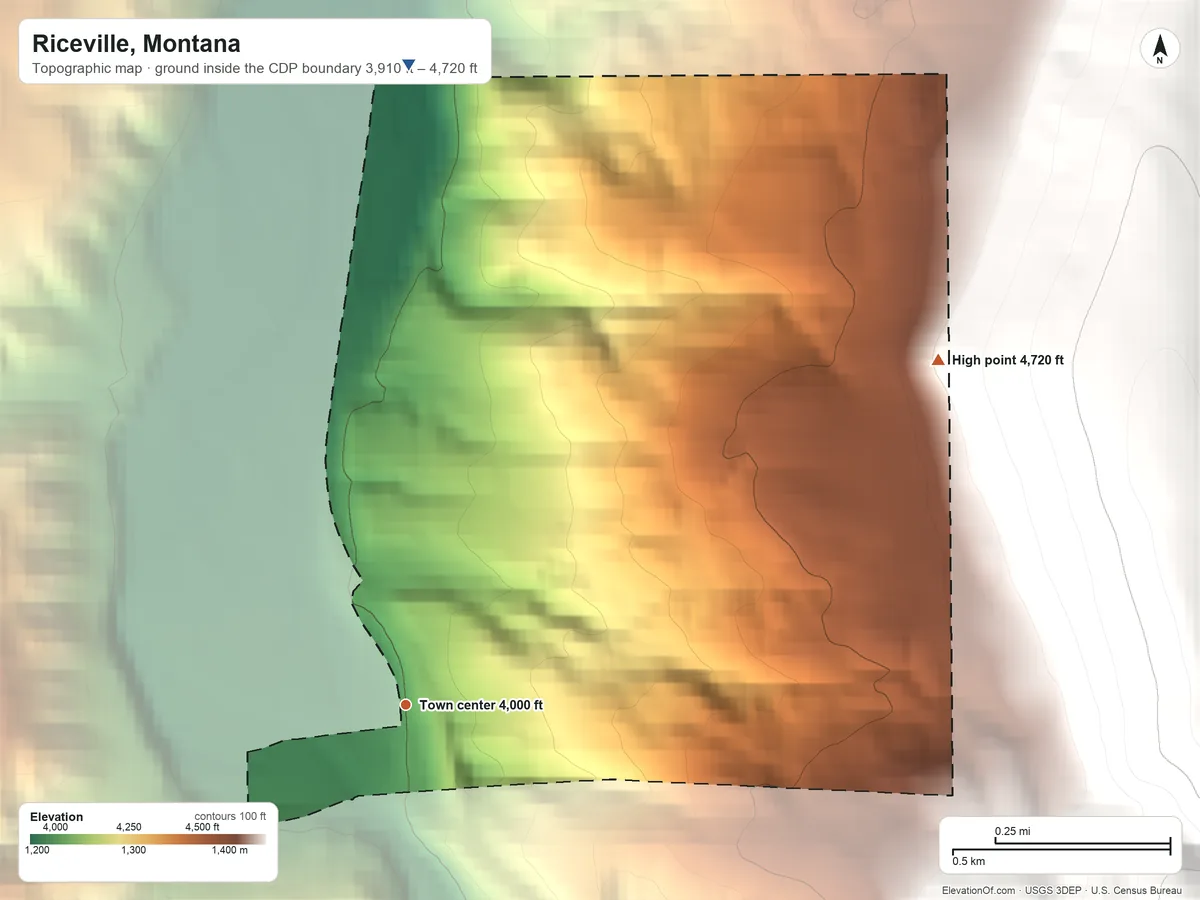 Topographic elevation map of Riceville, Montana, shaded from 3,910 ft on the north side to 4,720 ft on the northeast edge, below higher ground just outside