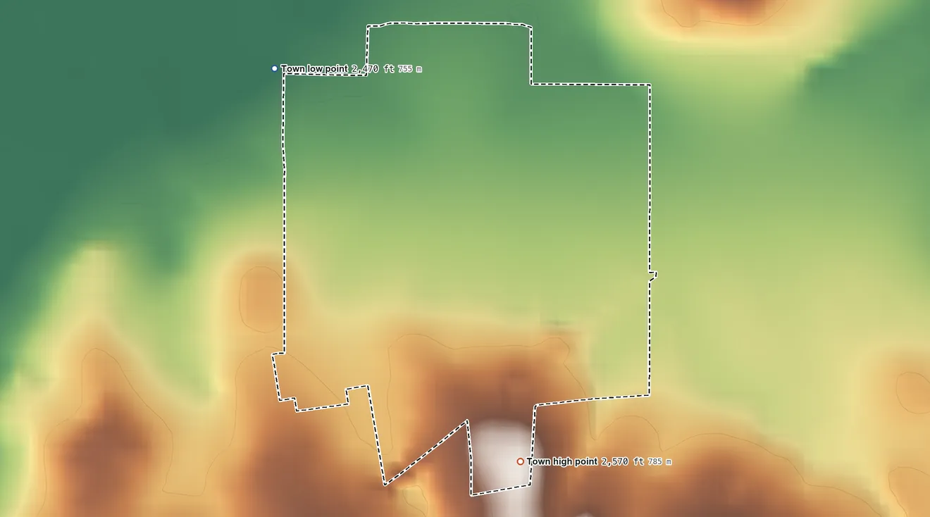 Topographic elevation map of Richey, Montana, shaded from 2,470 ft on the northwest side to 2,570 ft on the southeast side