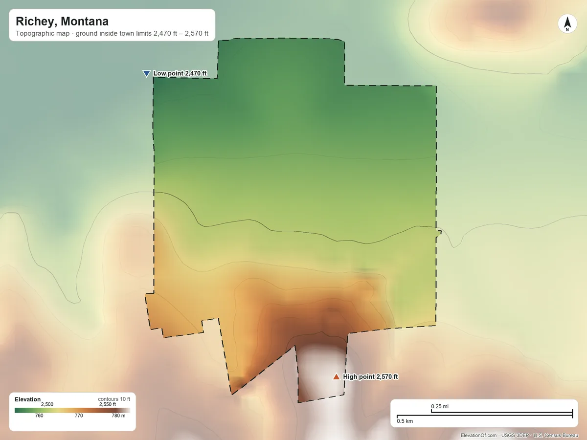 Topographic elevation map of Richey, Montana, shaded from 2,470 ft on the northwest side to 2,570 ft on the southeast side