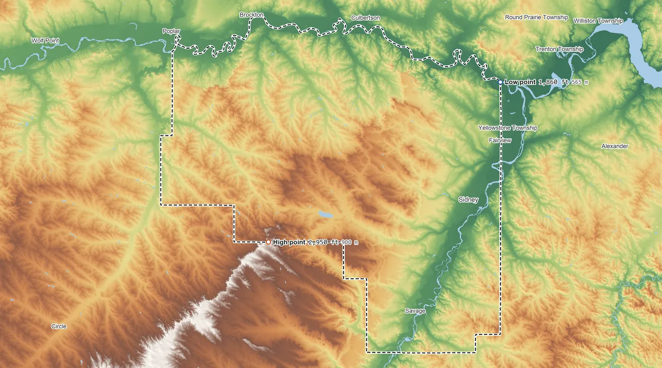 Topographic elevation map of Richland County, Montana, shaded from 1,860 ft on the northeast side to 2,950 ft on the southwest side