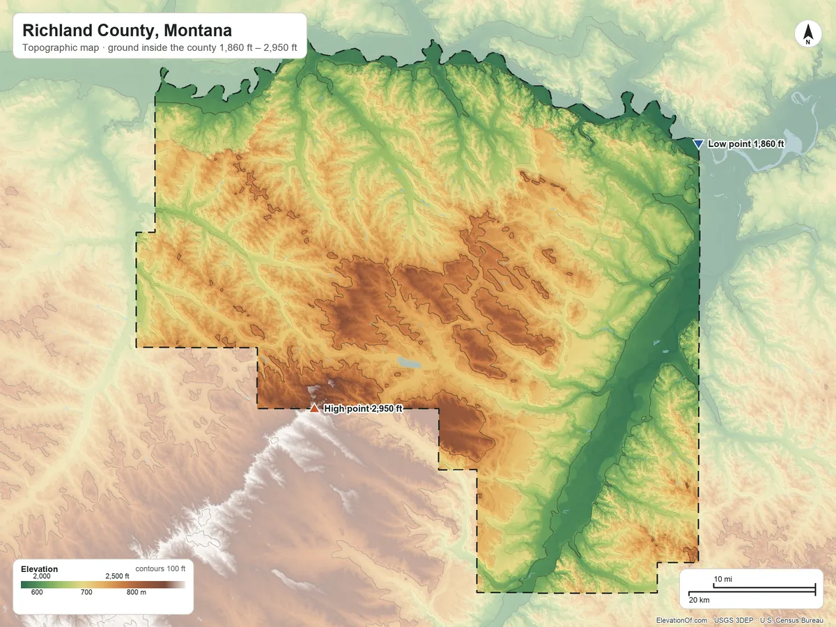 Topographic elevation map of Richland County, Montana, shaded from 1,860 ft on the northeast side to 2,950 ft on the southwest side