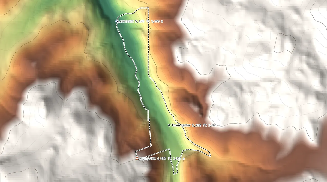 Topographic elevation map of Rimini, Montana, shaded from 5,100 ft on the northwest side to 5,990 ft at the foot of the Boulder Mountains