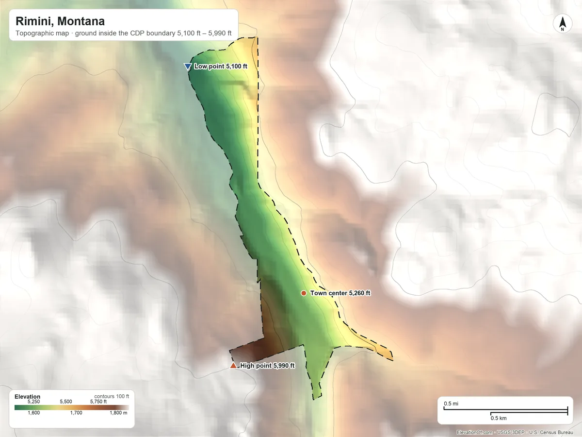 Topographic elevation map of Rimini, Montana, shaded from 5,100 ft on the northwest side to 5,990 ft at the foot of the Boulder Mountains