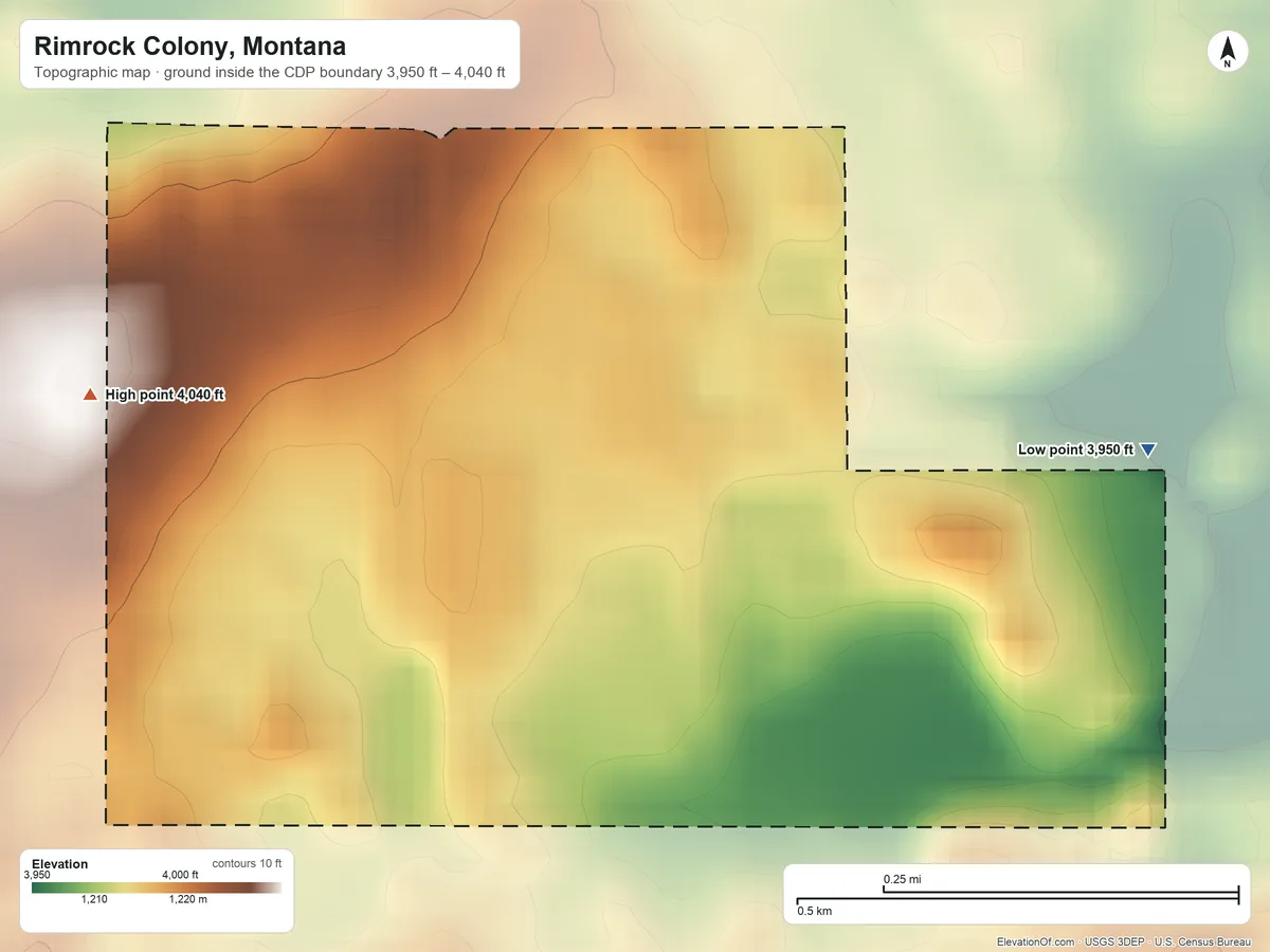 Topographic elevation map of Rimrock Colony, Montana, shaded from 3,950 ft on the east side to 4,040 ft on the west side