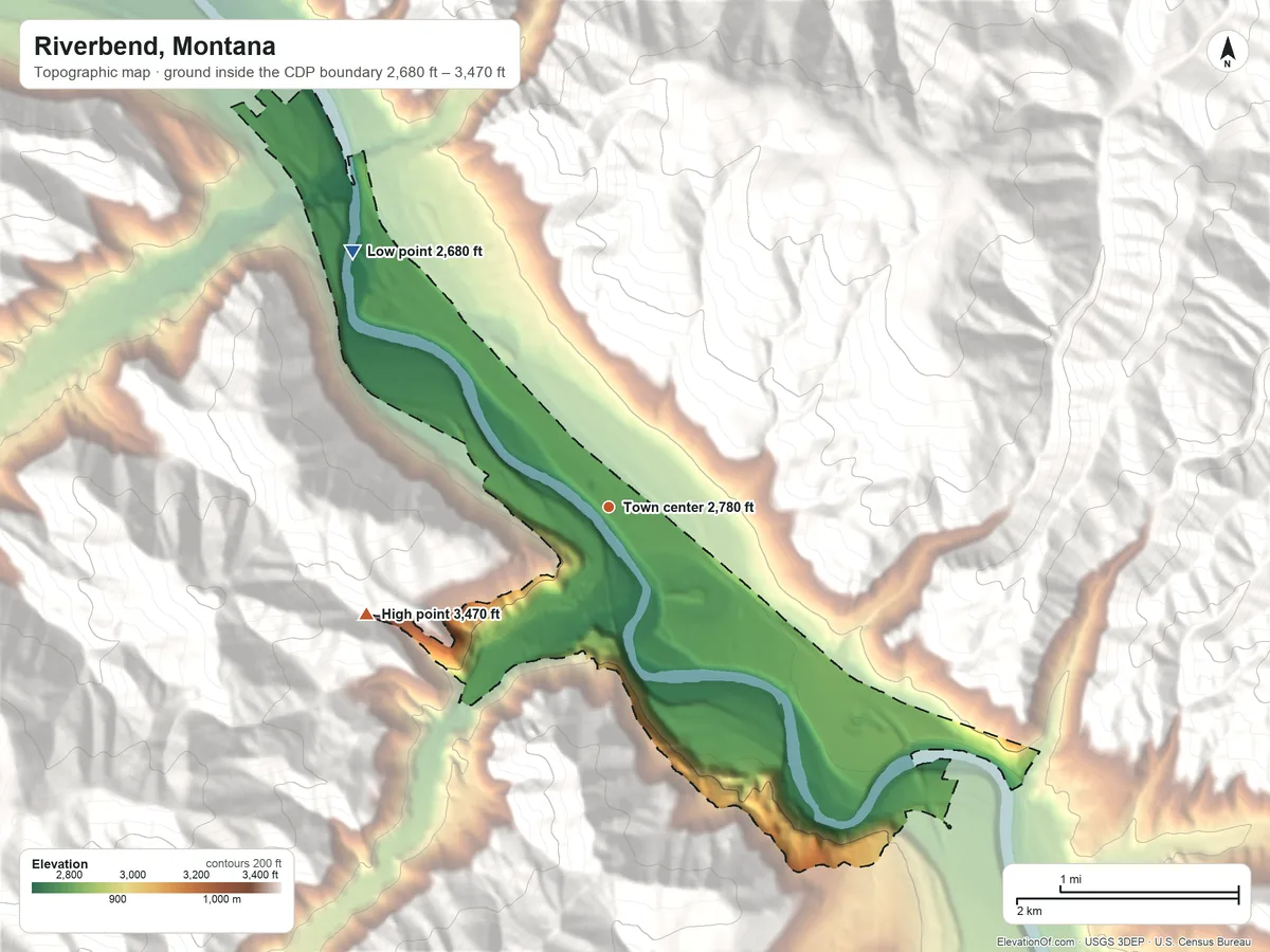 Topographic elevation map of Riverbend, Montana, shaded from 2,680 ft on the northwest side to 3,470 ft on the southwest edge, below higher ground just outside