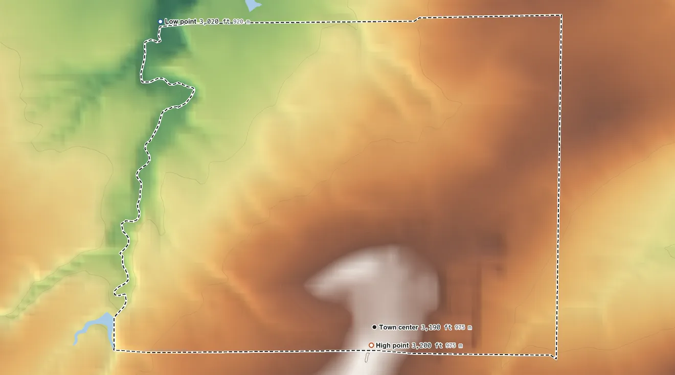 Topographic elevation map of Riverview Colony, Montana, shaded from 3,020 ft on the northwest side to 3,200 ft near the middle