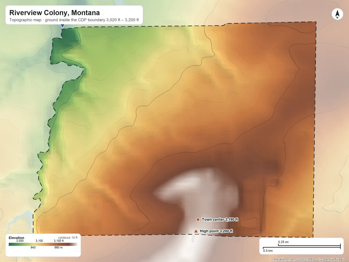 Topographic elevation map of Riverview Colony, Montana, shaded from 3,020 ft on the northwest side to 3,200 ft near the middle