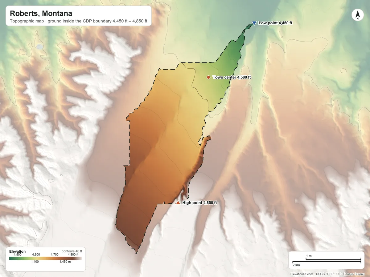 Topographic elevation map of Roberts, Montana, shaded from 4,450 ft on the northeast side to 4,850 ft on the south side