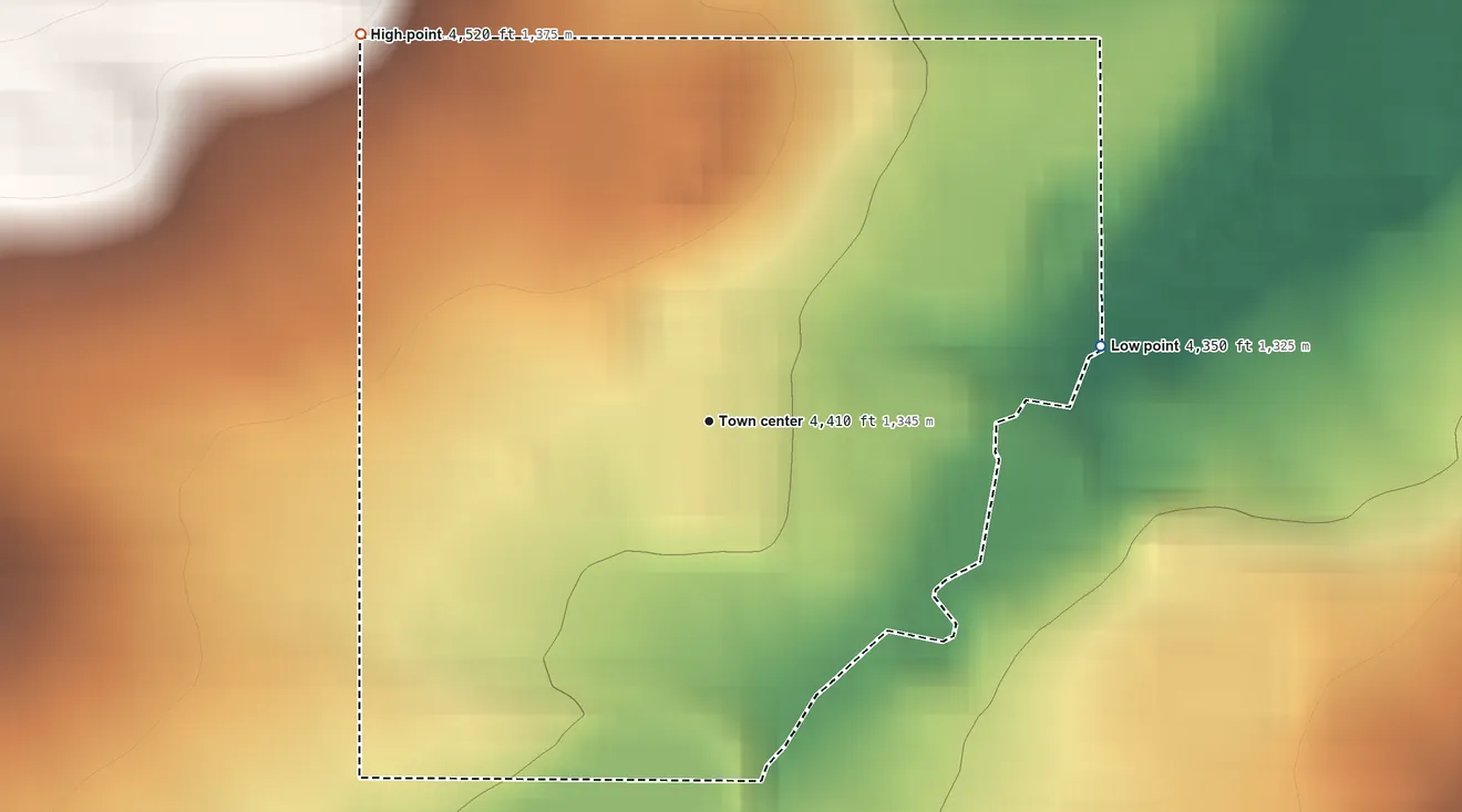 Topographic elevation map of Rockport Colony, Montana, shaded from 4,350 ft on the east side to 4,520 ft on the northwest side