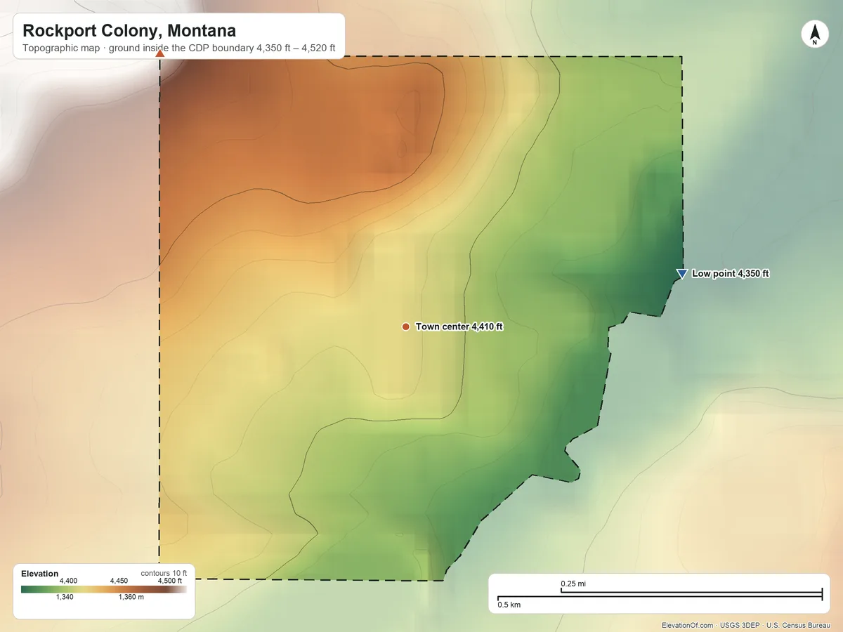 Topographic elevation map of Rockport Colony, Montana, shaded from 4,350 ft on the east side to 4,520 ft on the northwest side
