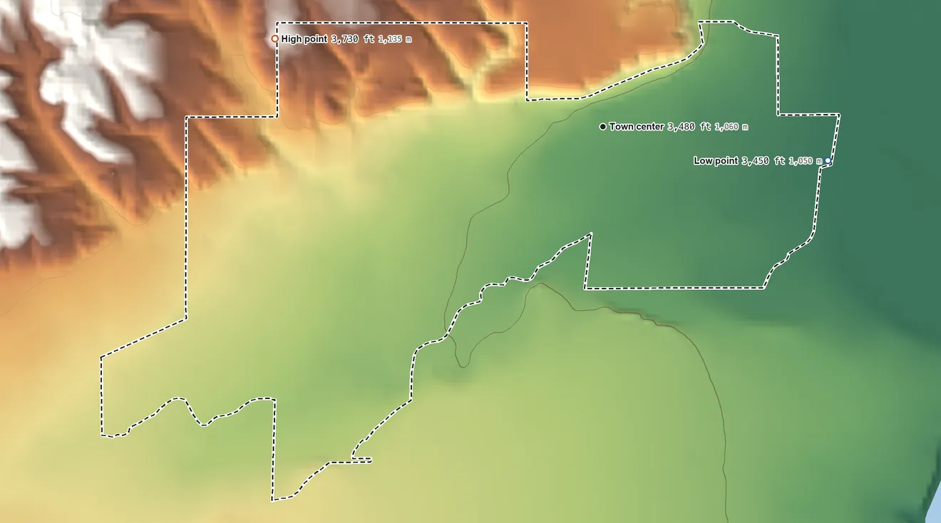 Topographic elevation map of Rockvale, Montana, shaded from 3,450 ft on the east side to 3,730 ft on the west side