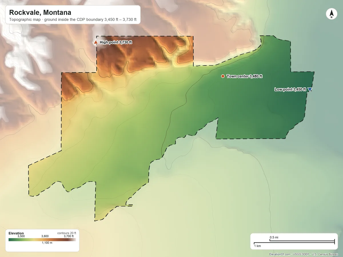 Topographic elevation map of Rockvale, Montana, shaded from 3,450 ft on the east side to 3,730 ft on the west side