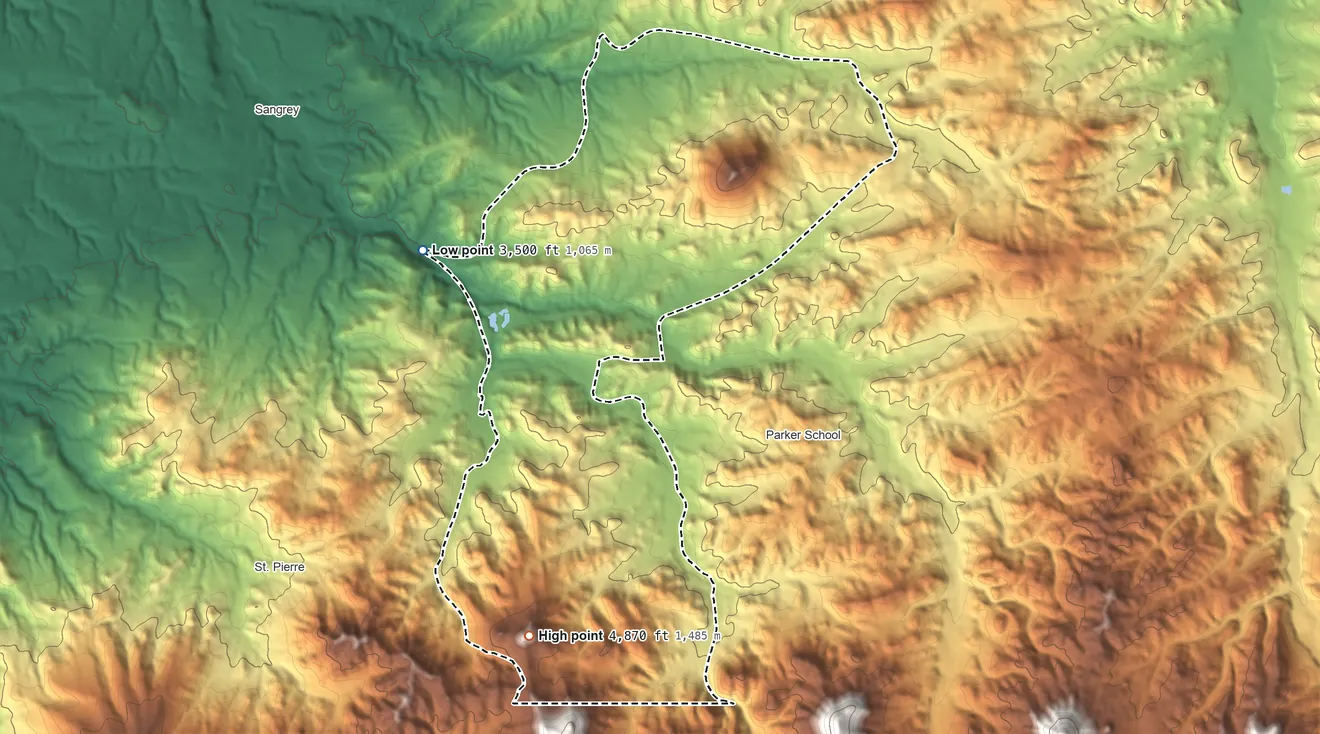 Topographic elevation map of Rocky Boy's Agency, Montana, shaded from 3,500 ft on the northwest side to 4,870 ft on Camels Back