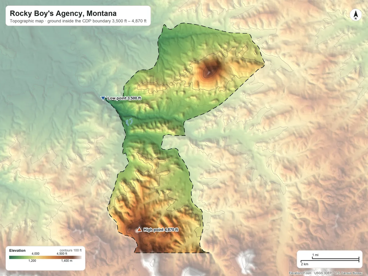 Topographic elevation map of Rocky Boy's Agency, Montana, shaded from 3,500 ft on the northwest side to 4,870 ft on Camels Back